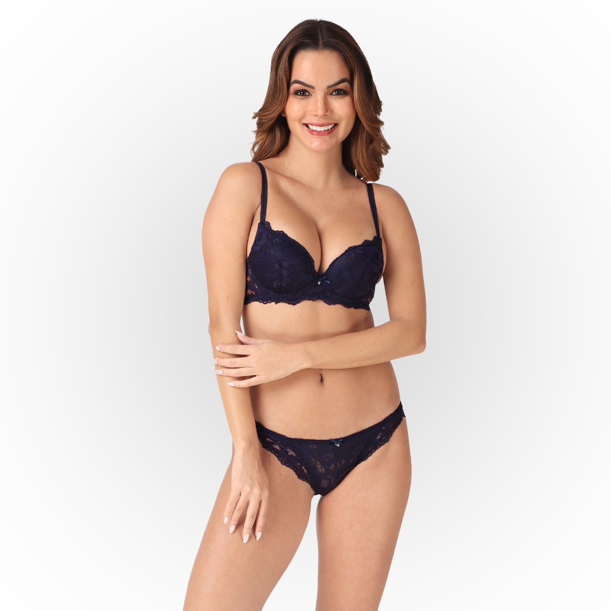Women's Blue Floral Lace Padded Underwired Bra & Panty Lingerie Set
