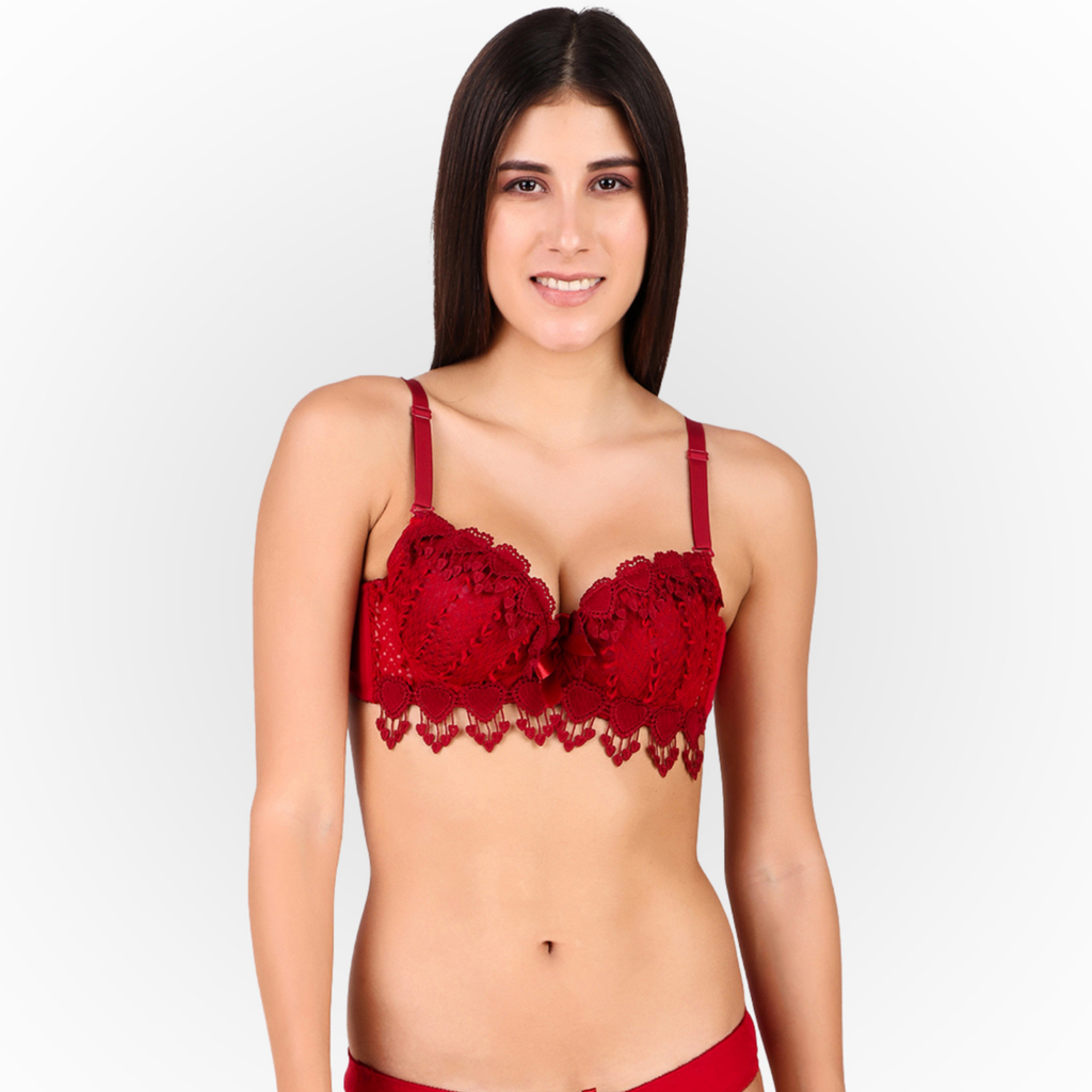 Women's Maroon Floral Lace Lightly Padded Underwired Bra with Comfortable Full Coverage