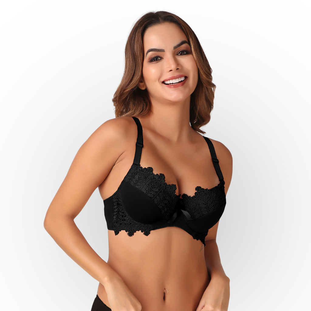 Women's Rose Black Floral Lace Padded Underwired Bra with Comfortable Full Coverage