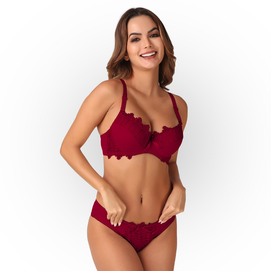 Women’s Full Coverage Heavily Padded Lace Bra & Panty Lingerie Set – Rose Red