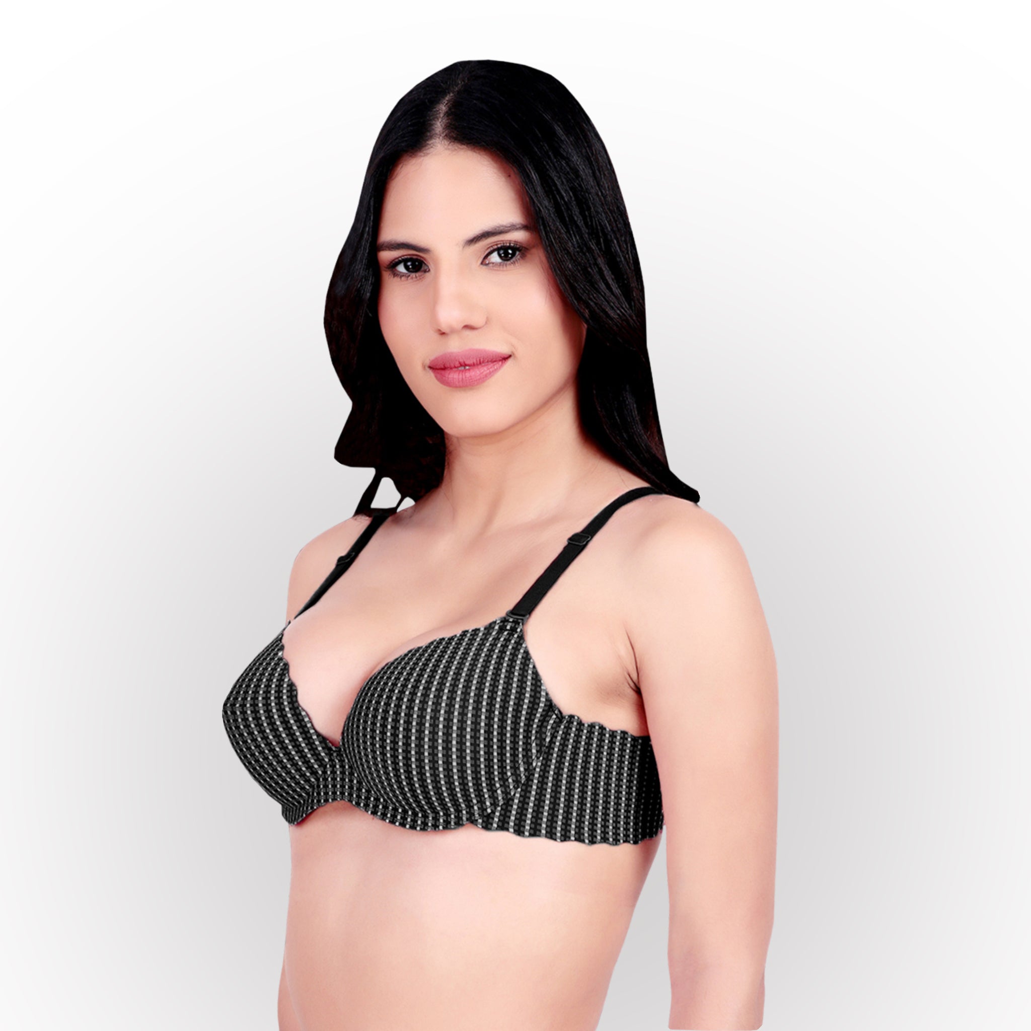 Women's Textured Check Pattern Push-Up Padded Underwired Bra - Black White Check