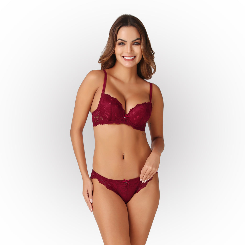 Women's Burgundy Floral Lace Padded Underwired Bra & Panty Lingerie Set