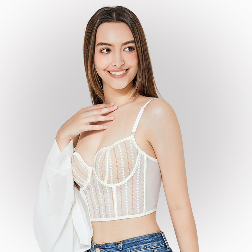 Women's Fashion White Sheer Mesh Underwired Bustier Bralette with Elegant Lace Design
