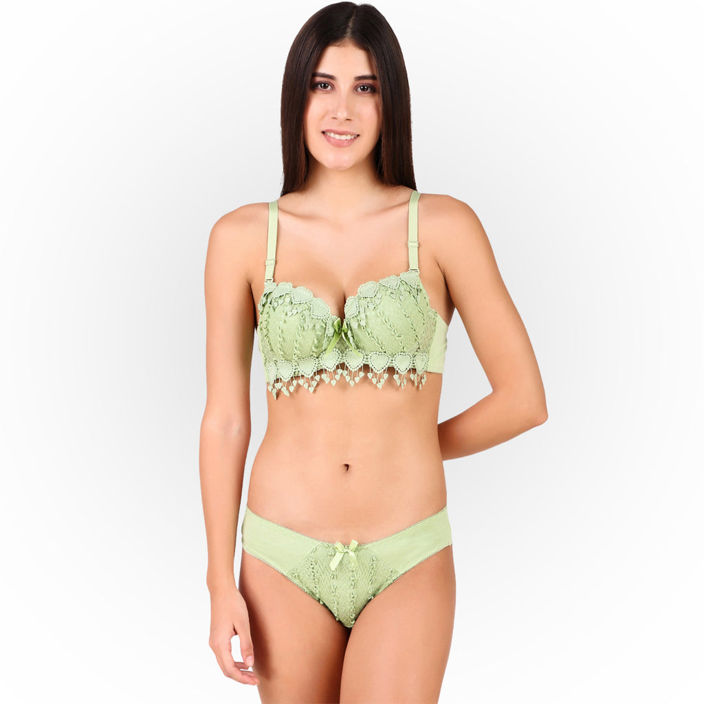 Women's Green Floral Lace Lightly Padded Bra & Matching Panty Lingerie Set