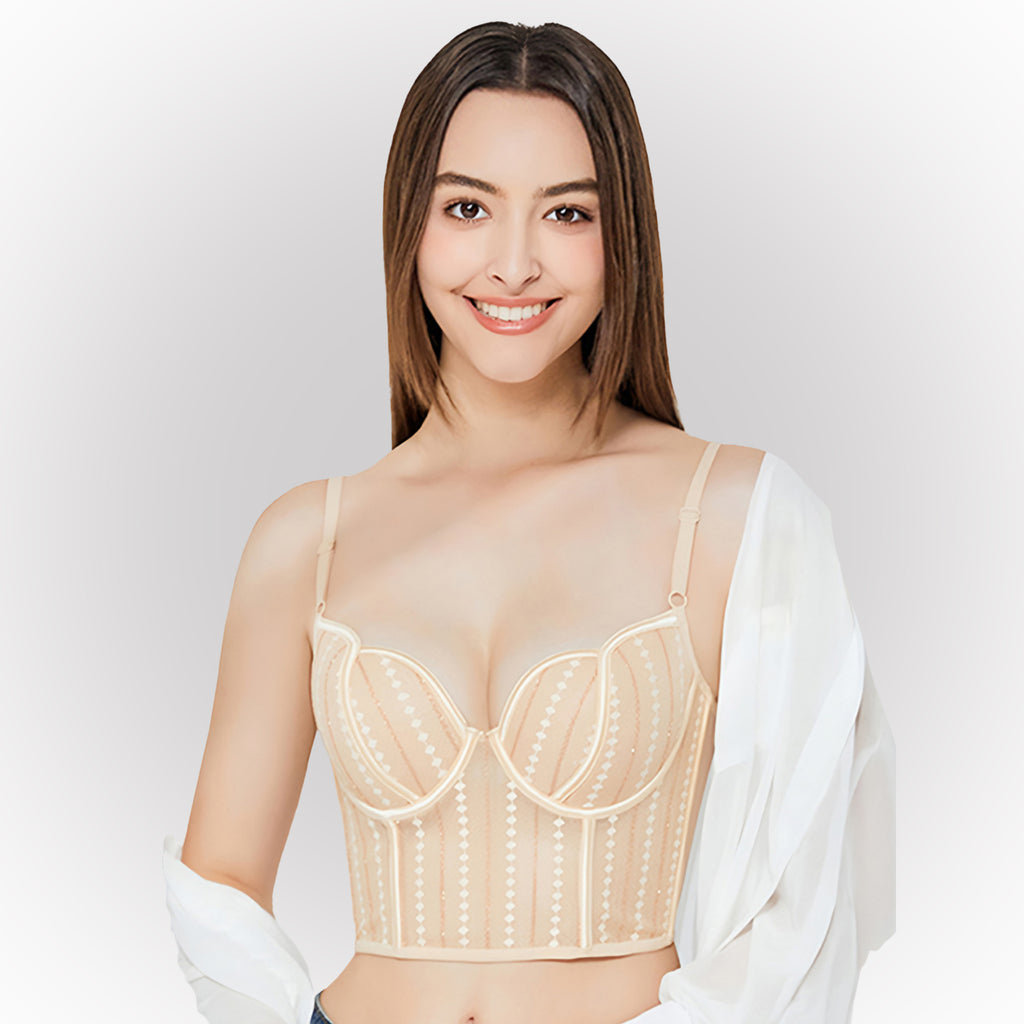 Women's Fashion Skin Sheer Mesh Underwired Bustier Bralette with Elegant Lace Design