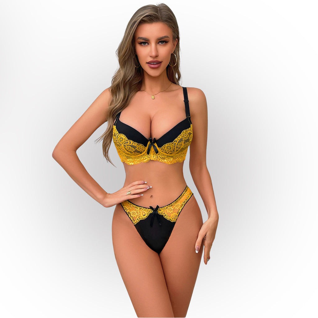 Women's Black & Yellow Floral Lace Lightly Padded Underwired Bra & Mid-Rise Panty Lingerie Set