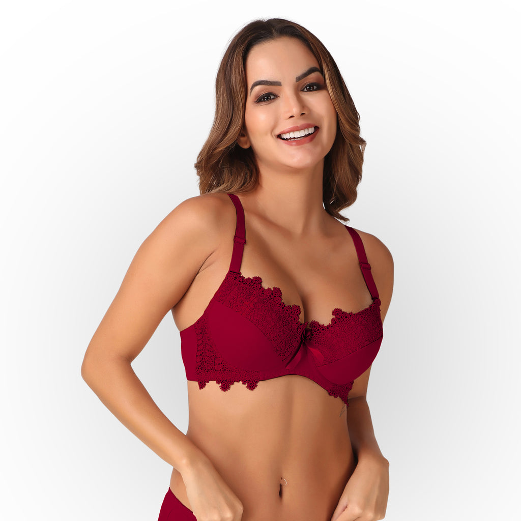 Women's Rose Red Floral Lace Padded Underwired Bra with Comfortable Full Coverage