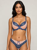 Women's Pink & Navy Blue Lace Underwired Heavily Padded Bra & Panty Set