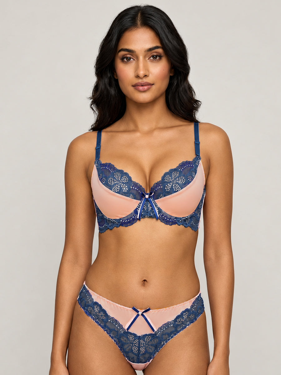 Women's Pink & Navy Blue Lace Underwired Heavily Padded Bra & Panty Set