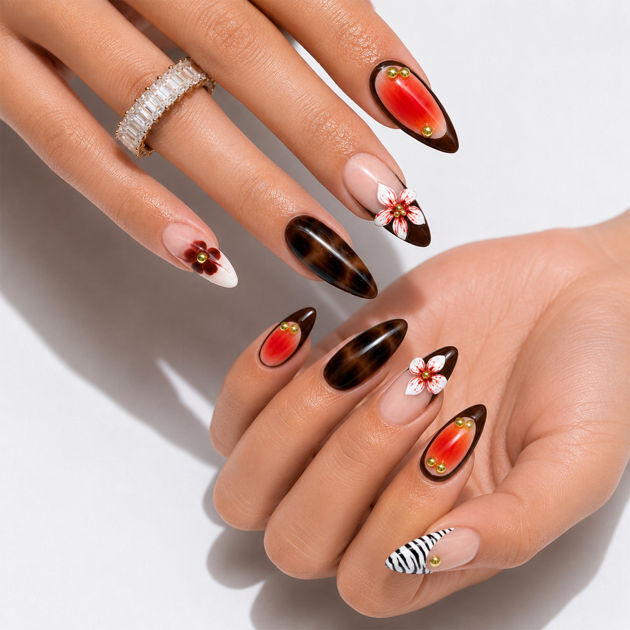 Almond Press-On Nails – 24-Piece 3D Flower & Tortoiseshell Nail Set