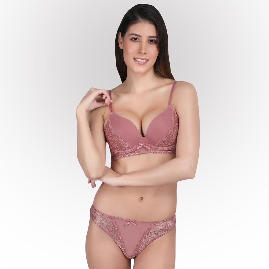 Women's Pink Self-Design Lace Underwired Heavily Padded Lingerie Set