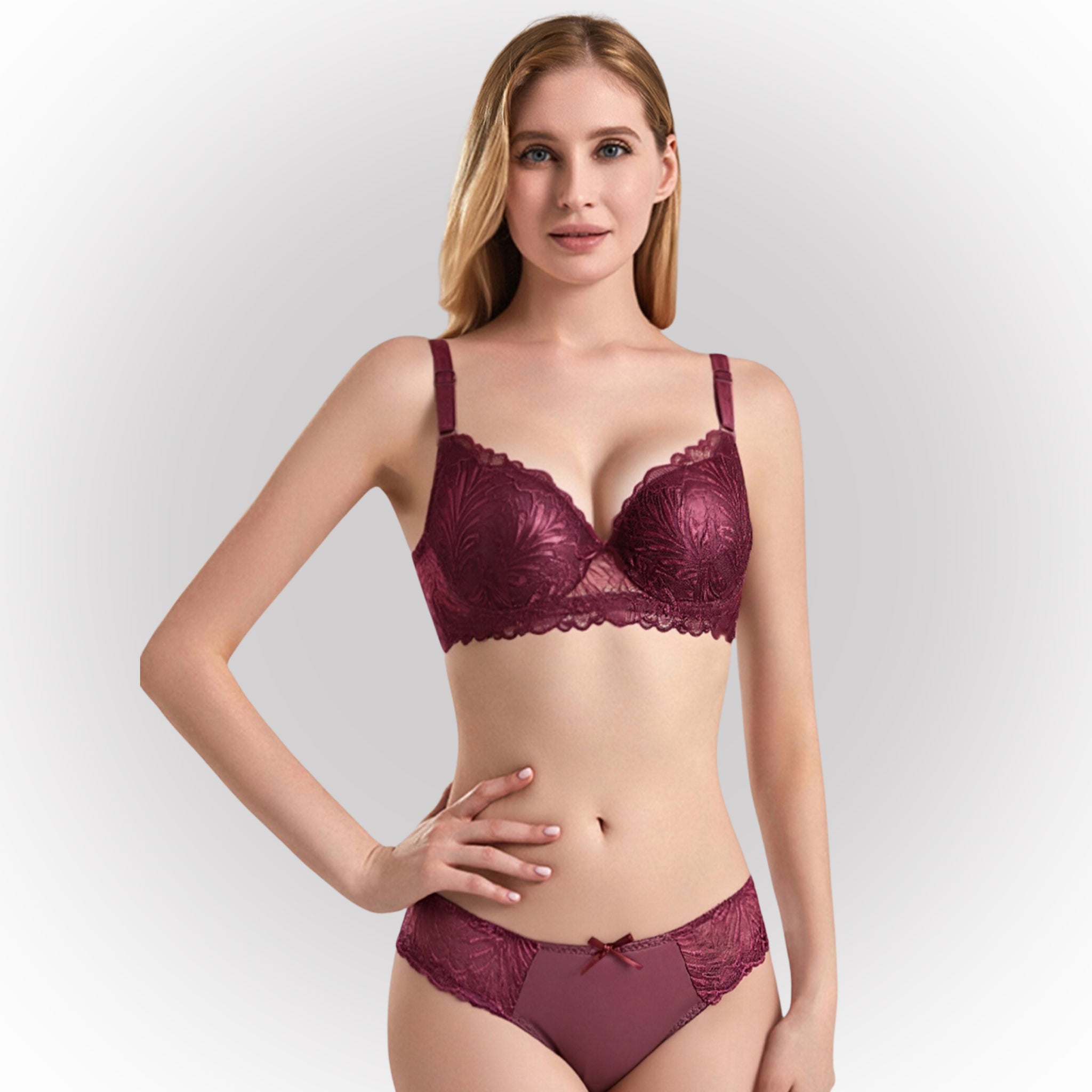 Women's Burgundy Floral Lace Lightly Padded Underwired Bra & Panty Lingerie Set