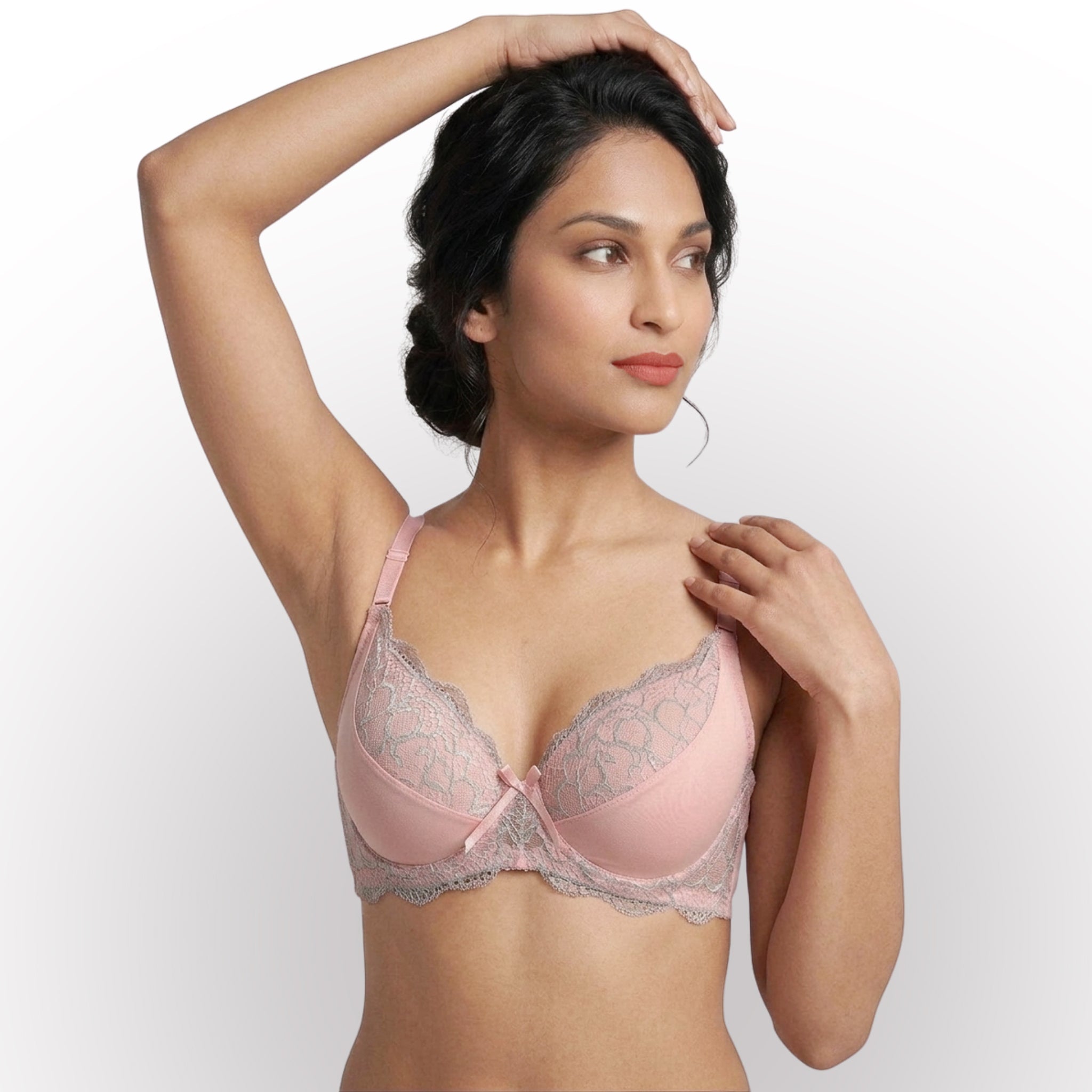 Women's Pink Floral Print Lace Padded Underwired Bra with Comfortable Full Coverage