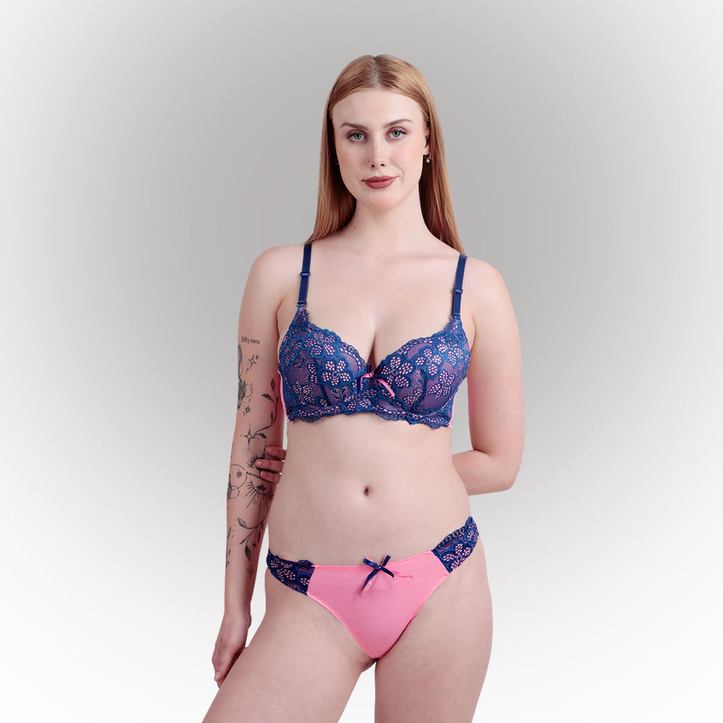Women's Blue & Pink Floral Lace Padded Underwired Bra & Panty Lingerie Set
