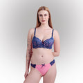 Women's Blue & Pink Floral Lace Padded Underwired Bra & Panty Lingerie Set