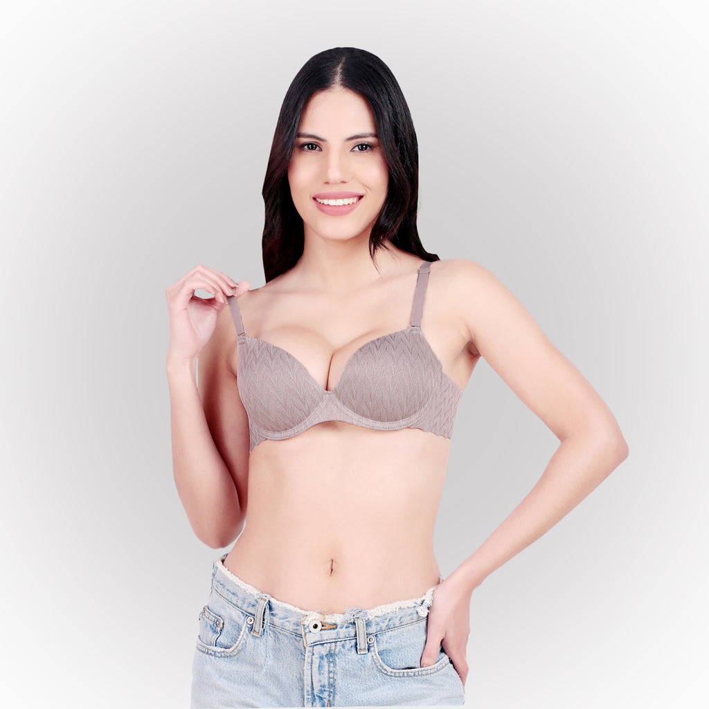 Women's Textured Push-Up Padded Underwired Seamless Multiway Bra - Grey & Brown