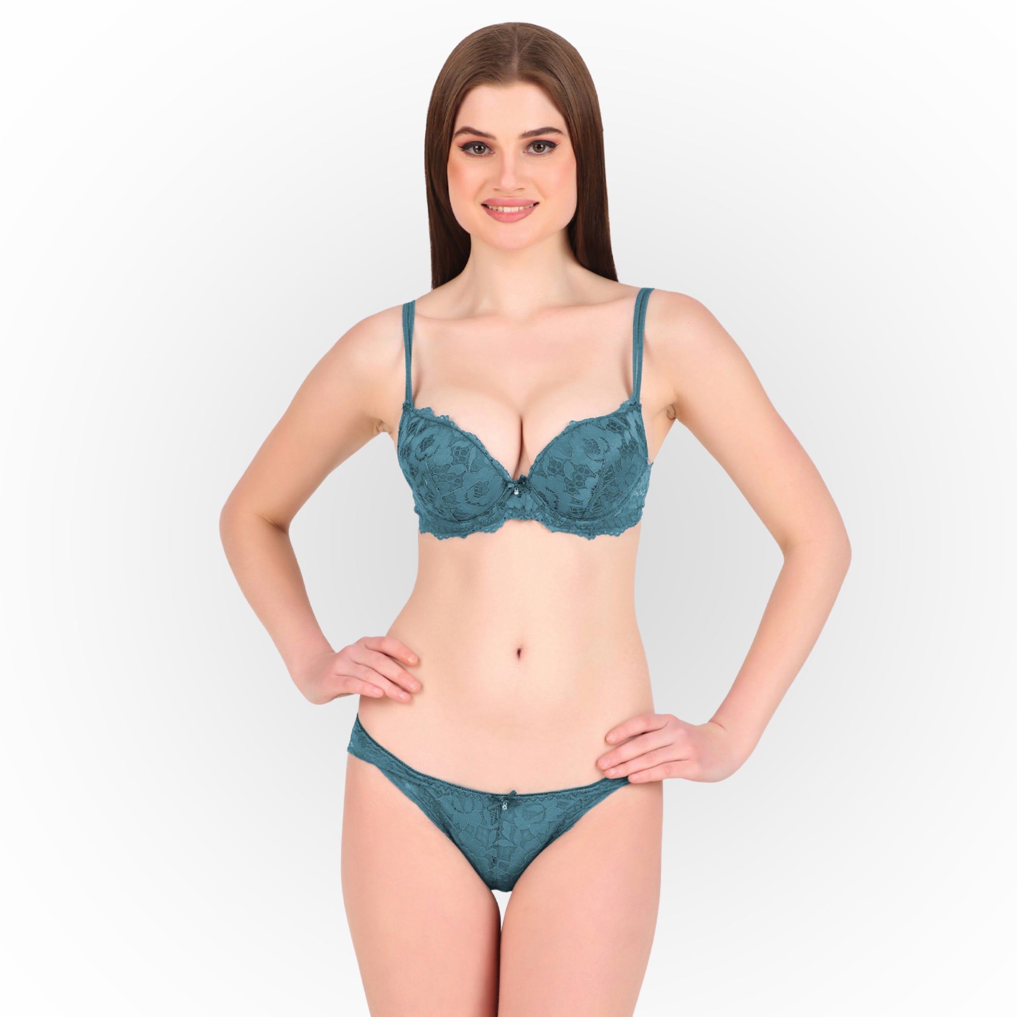 Women's Green Floral Lace Padded Underwired Bra & Panty Lingerie Set