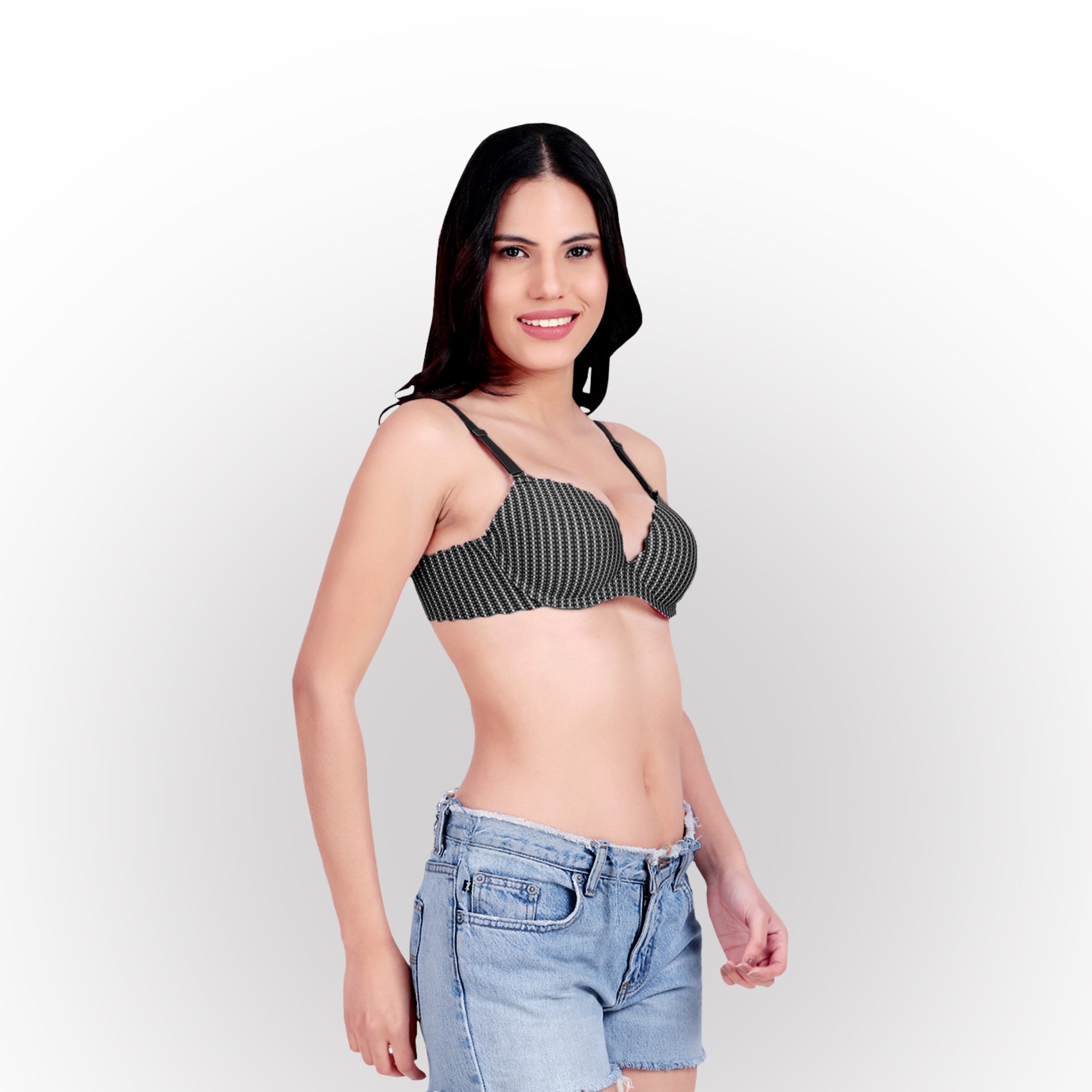 Women's Textured Check Pattern Push-Up Padded Underwired Bra - Black White Check