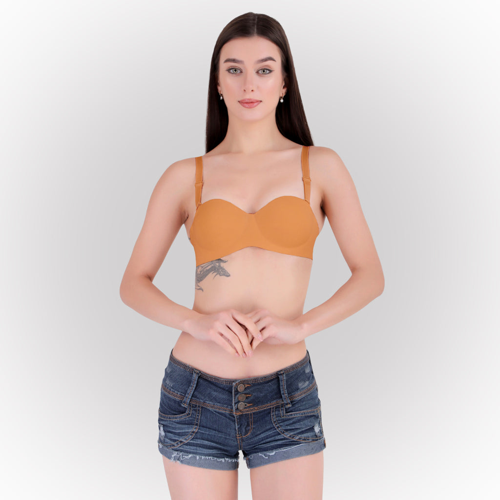 Women's Orange Seamless Push-Up Padded Strapless Multiway Bra