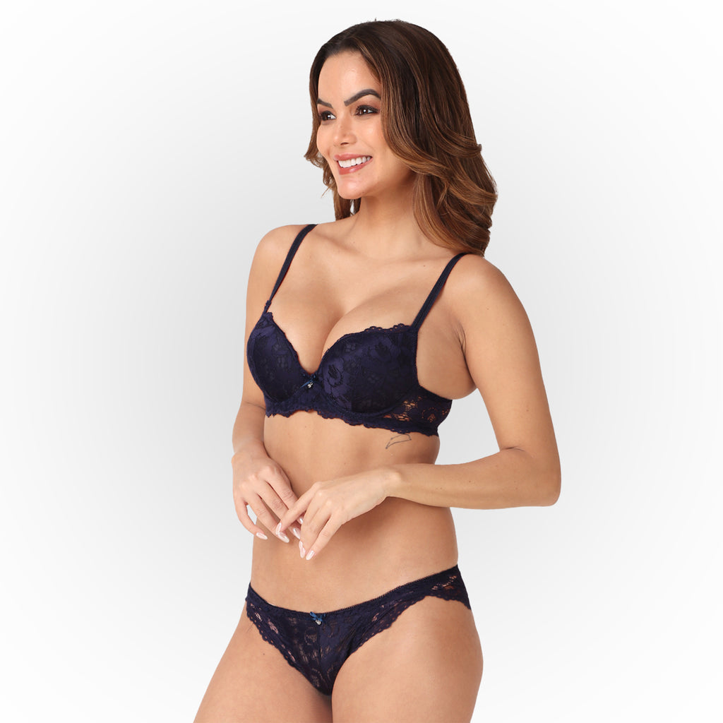 Women's Blue Floral Lace Padded Underwired Bra & Panty Lingerie Set