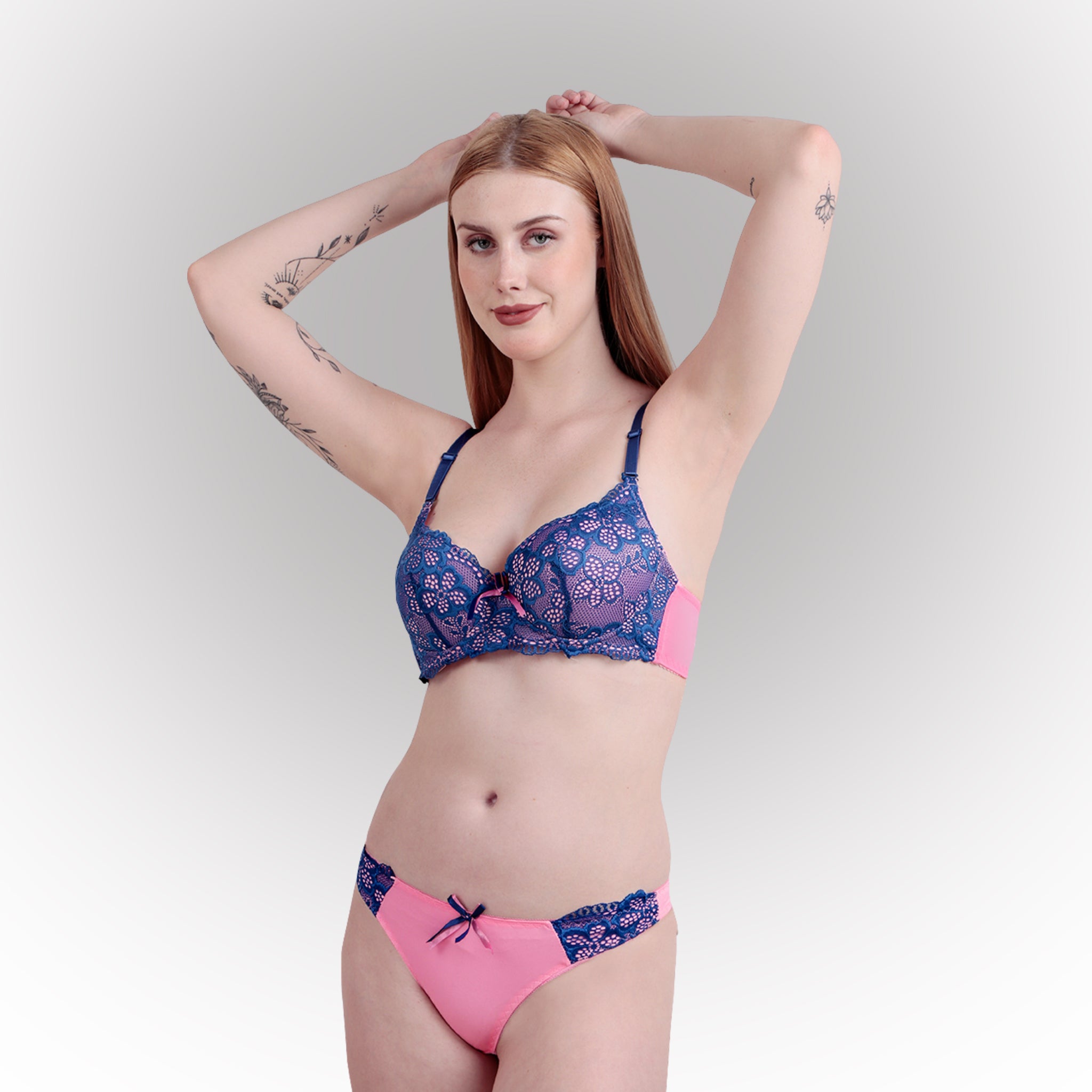 Women's Underwired Heavily Padded Lace Bra & Panty Lingerie Set