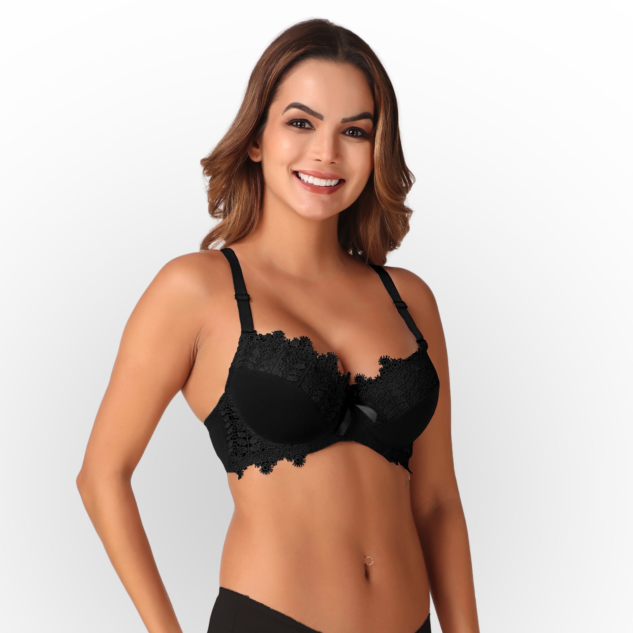 Women's Rose Black Floral Lace Padded Underwired Bra with Comfortable Full Coverage