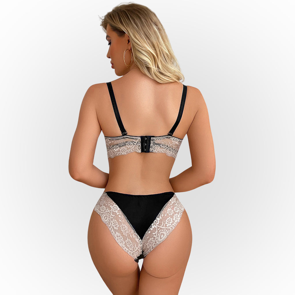 Women’s Lace Underwired Padded Bra & High-Cut Panty Lingerie Set – White & Black