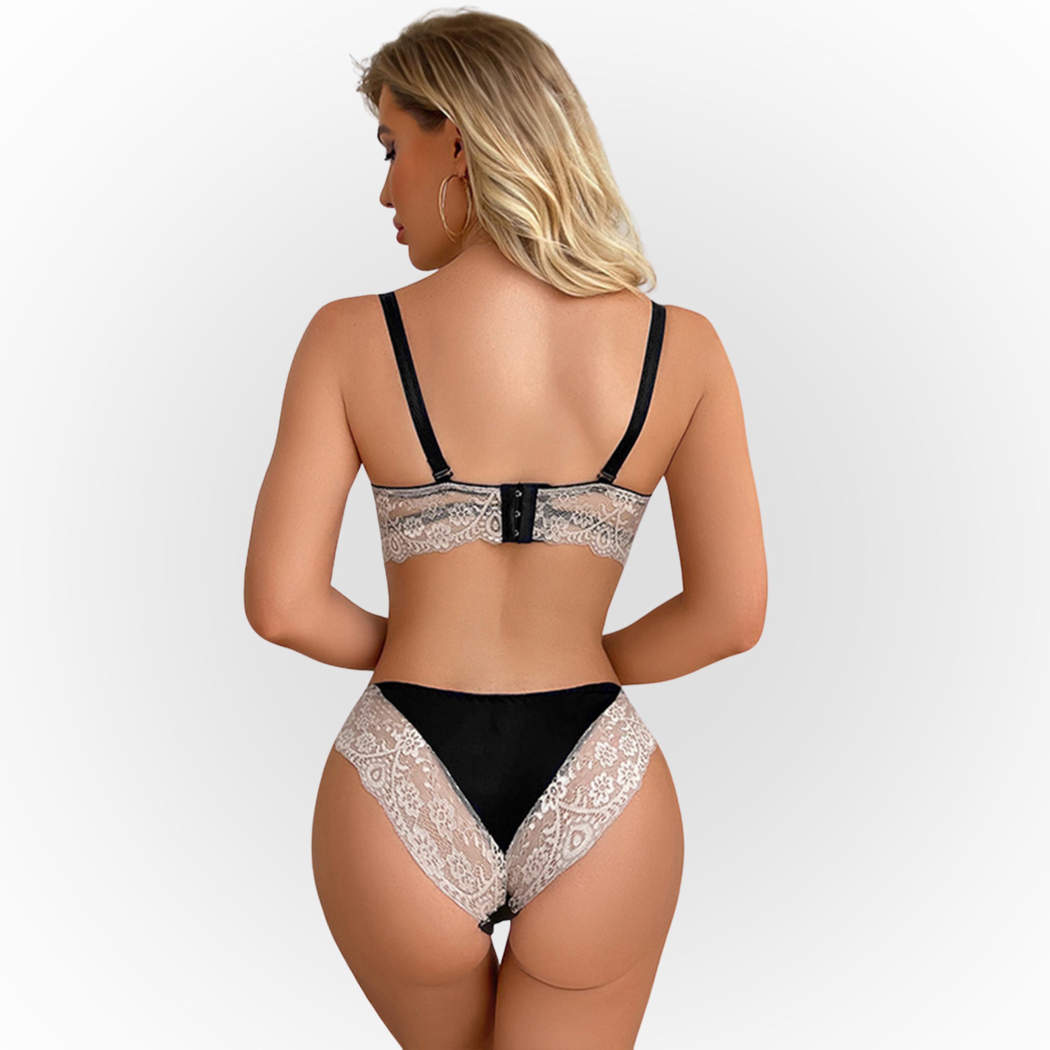 Women’s Lace Underwired Padded Bra & High-Cut Panty Lingerie Set – White & Black