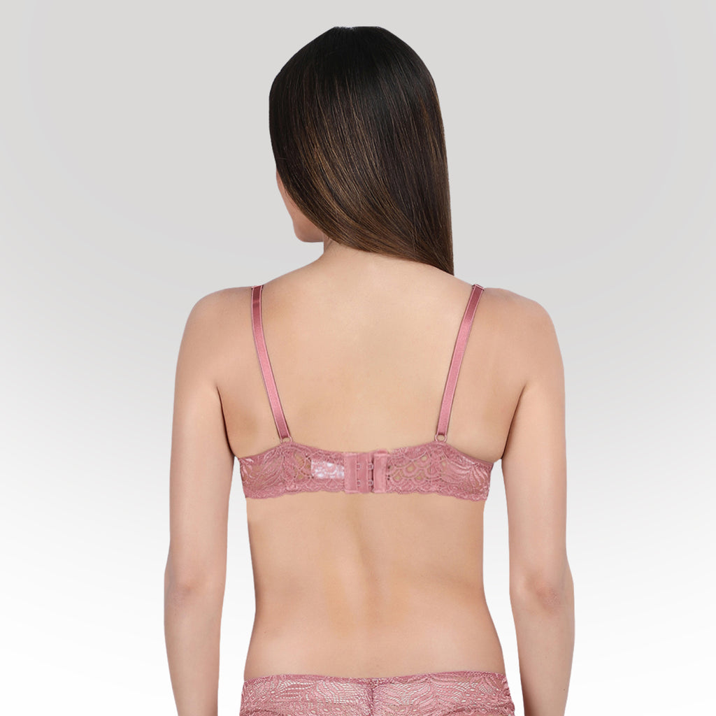 Women's Premium Pink Self-Design Floral Lace Underwired Heavily Padded Medium Coverage Bra with Adjustable Straps