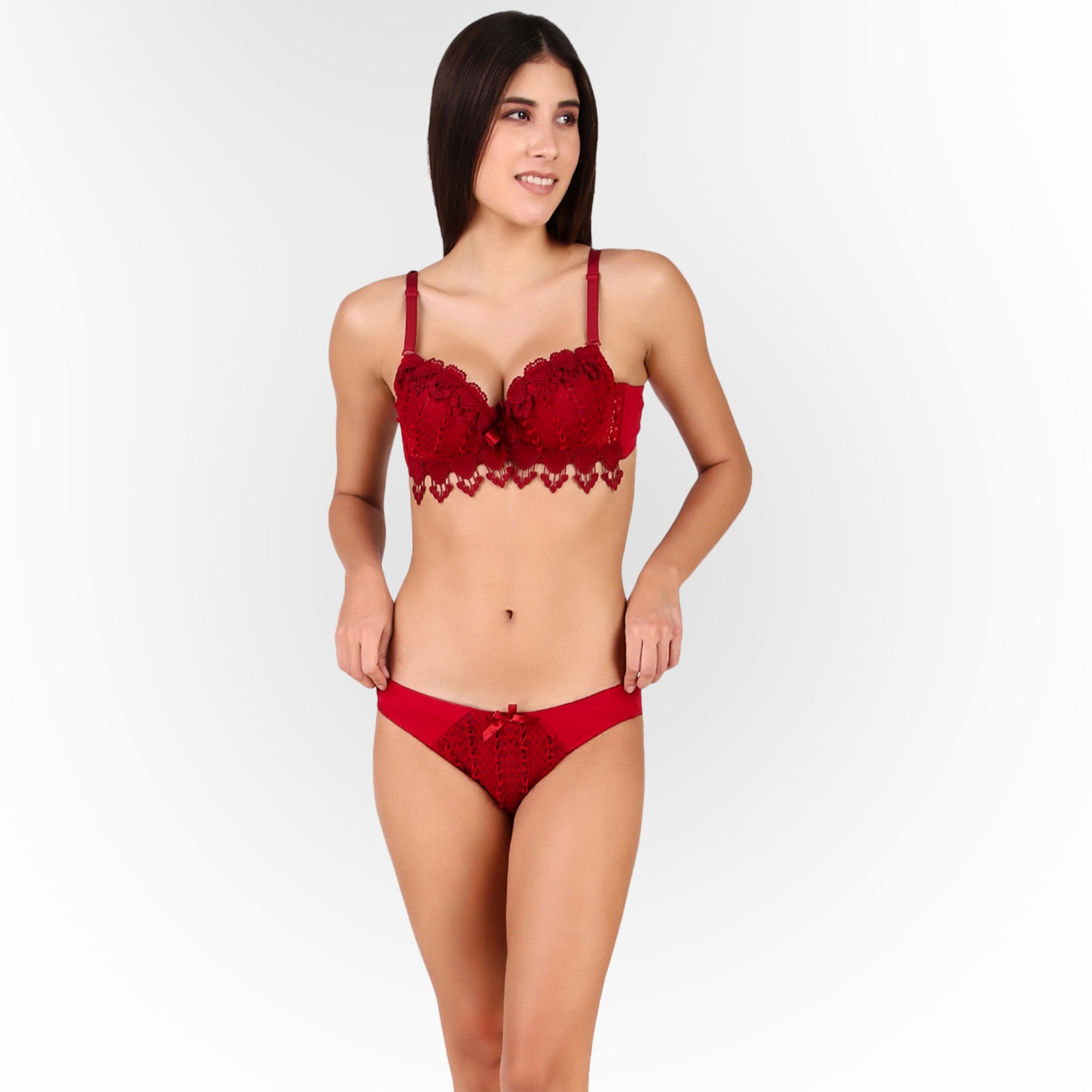 Women's Maroon Floral Lace Lightly Padded Bralette & Matching Panty Lingerie Set