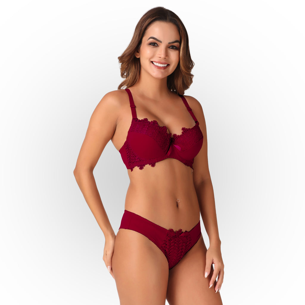 Women’s Full Coverage Heavily Padded Lace Bra & Panty Lingerie Set – Rose Red
