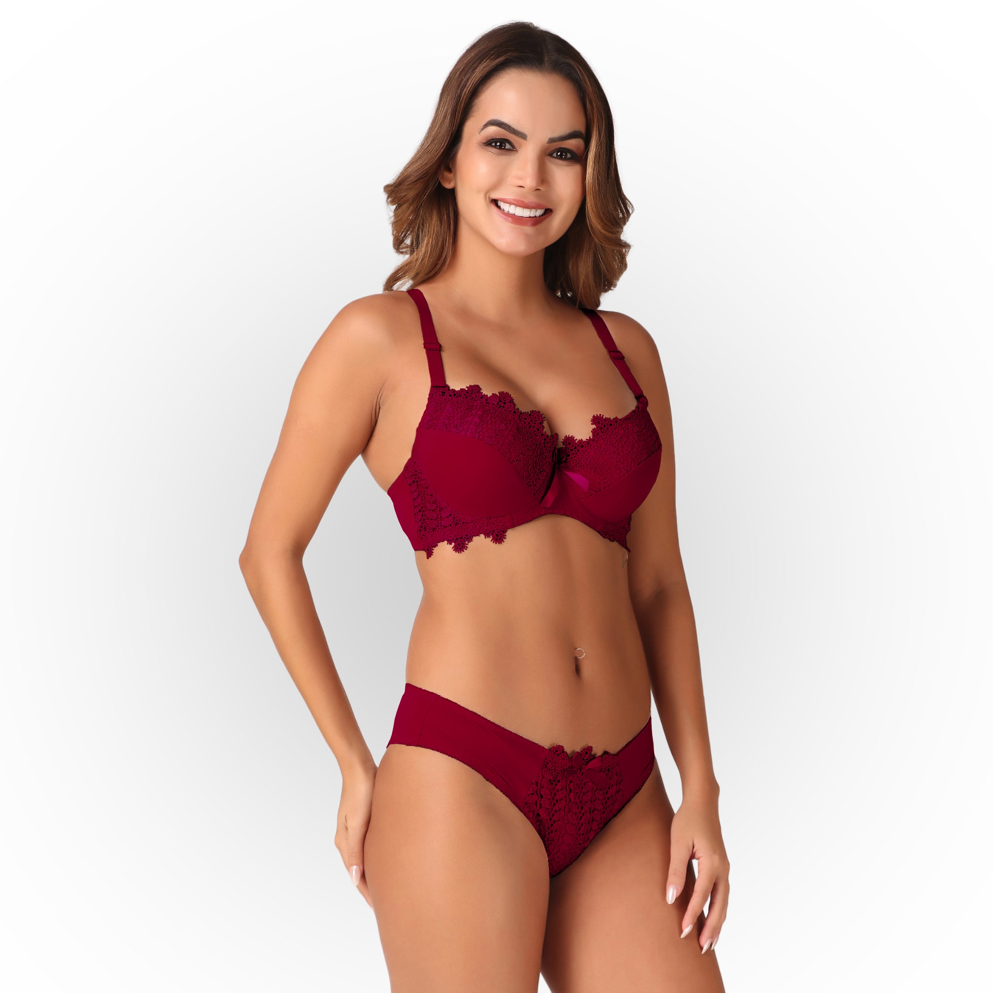 Women’s Full Coverage Heavily Padded Lace Bra & Panty Lingerie Set – Rose Red