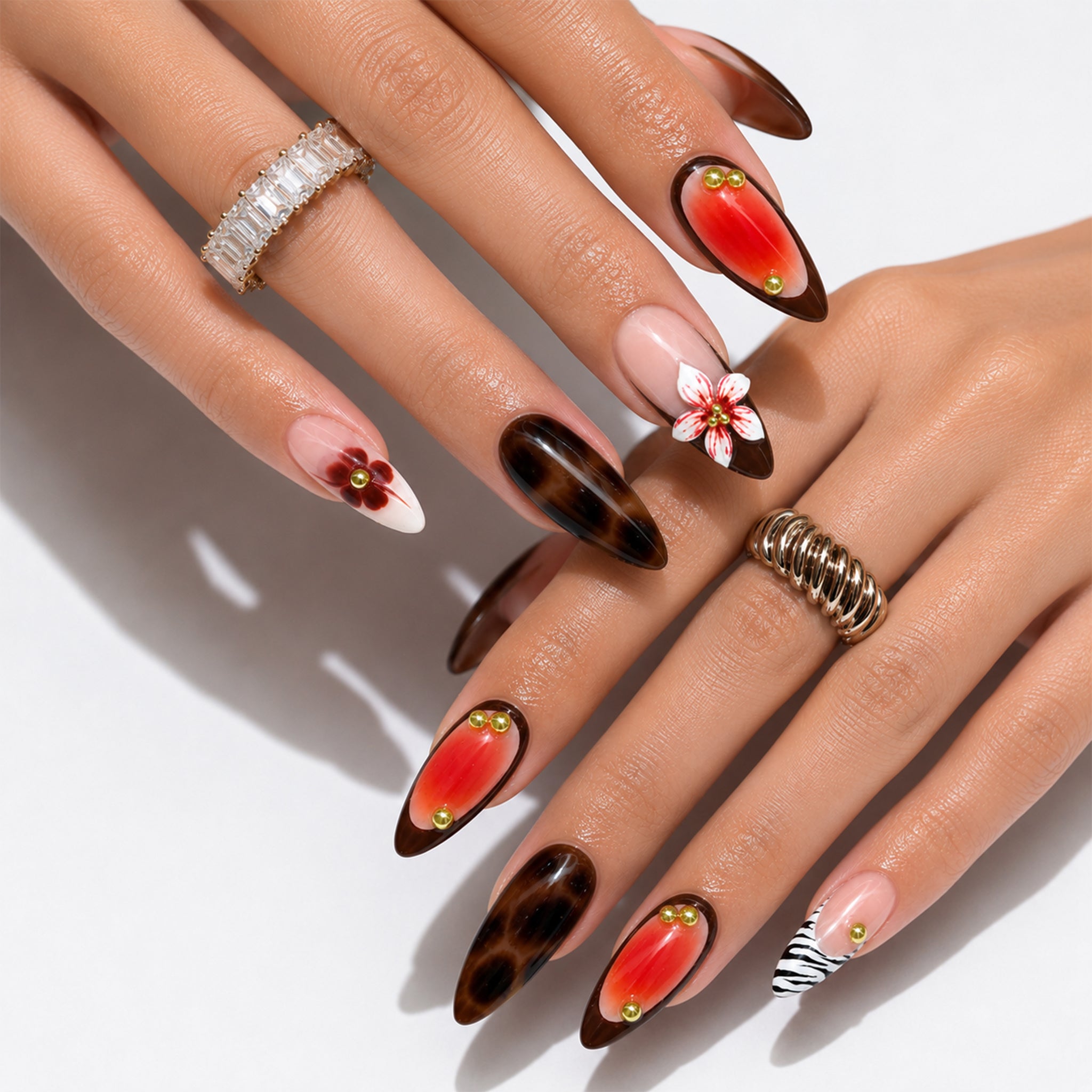 Almond Press-On Nails – 24-Piece 3D Flower & Tortoiseshell Nail Set