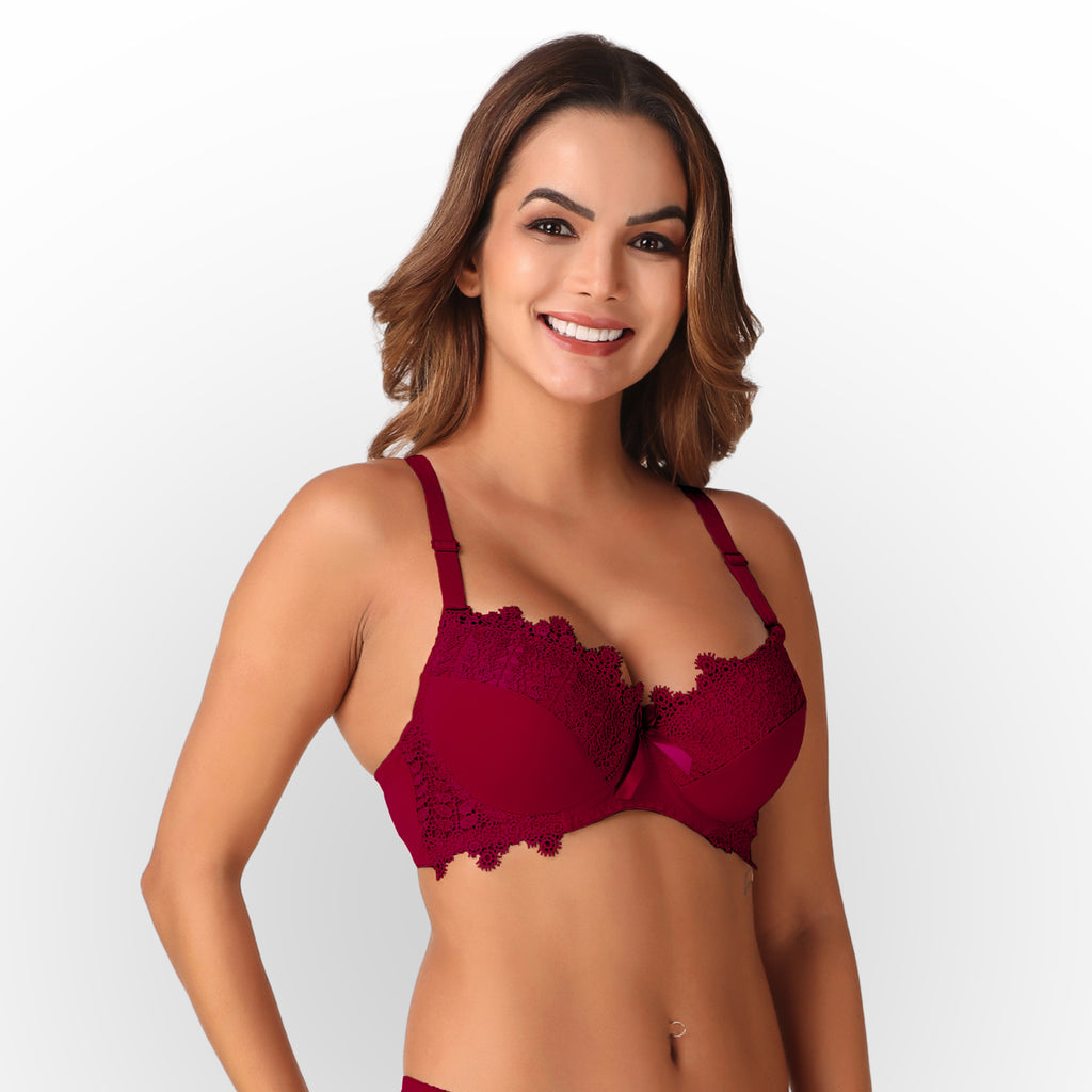 Women's Rose Red Floral Lace Padded Underwired Bra with Comfortable Full Coverage