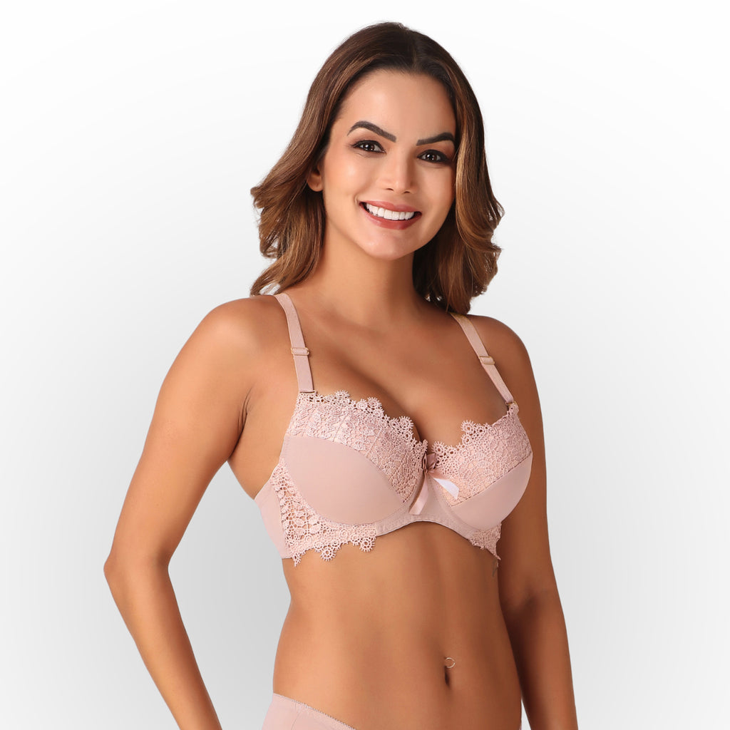 Women's Rose Gold Floral Lace Padded Underwired Bra with Comfortable Full Coverage