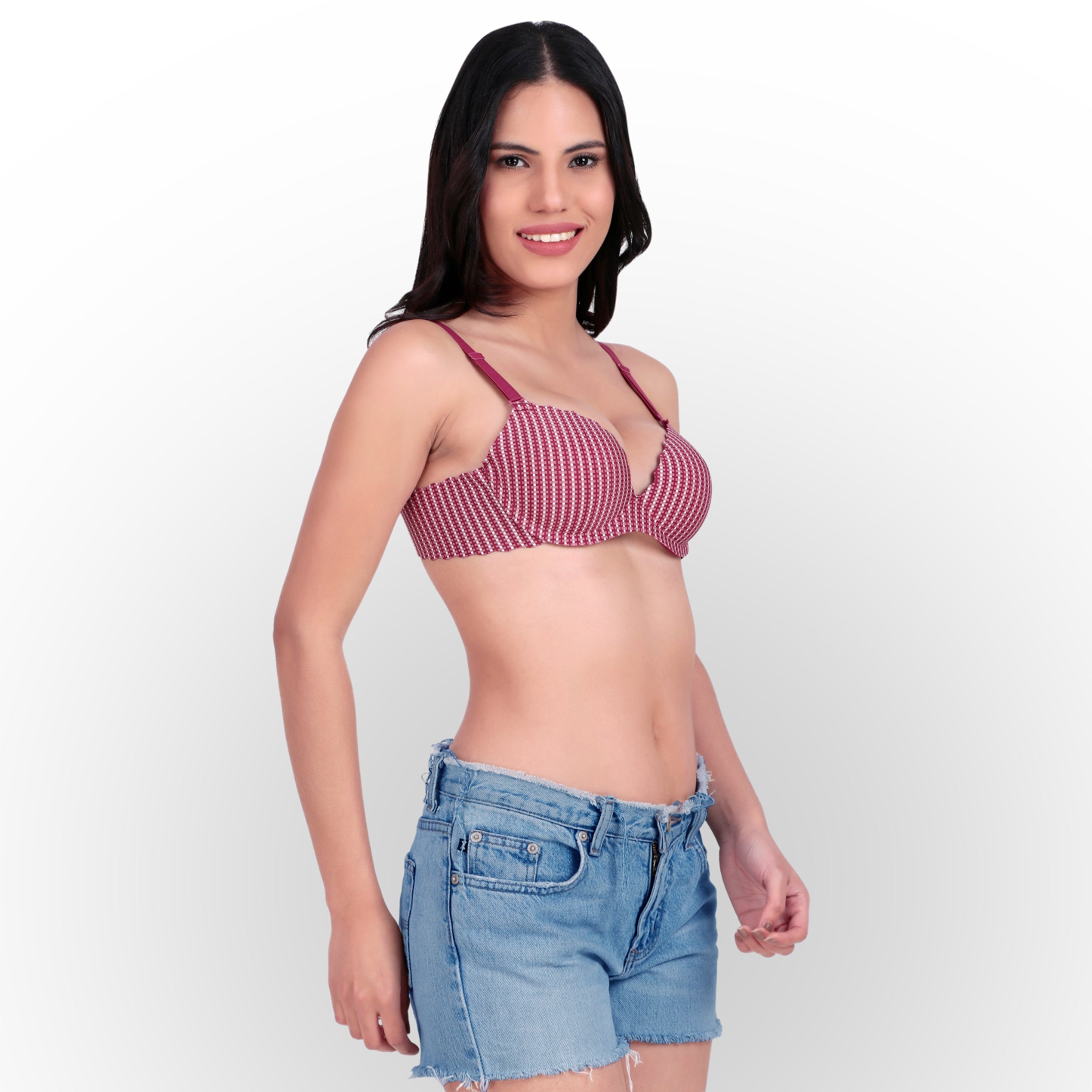 Women's Textured Check Pattern Push-Up Padded Underwired Bra - Maroon White Check