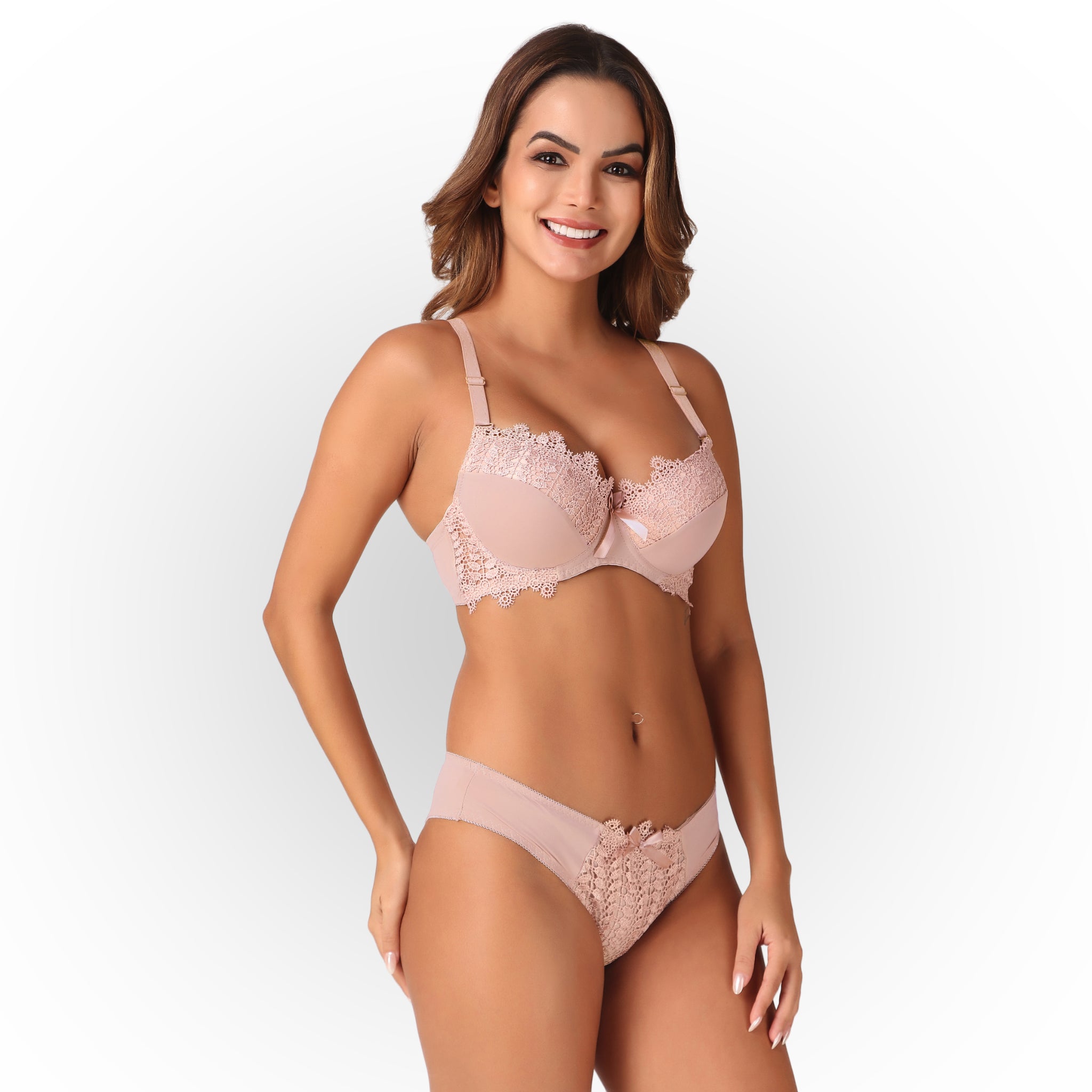 Women’s Full Coverage Heavily Padded Lace Bra & Panty Lingerie Set – Rose Gold