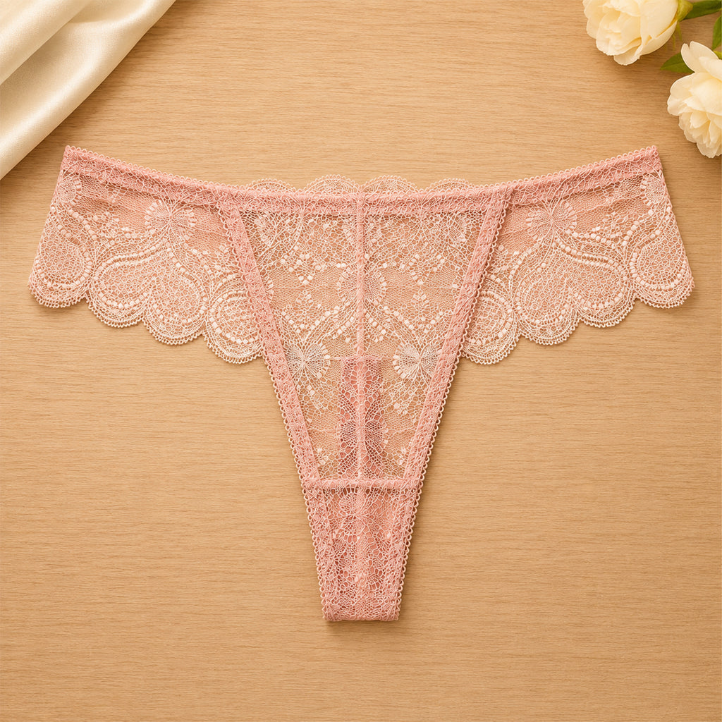 Women's Floral Lace Thong Panty – Soft Stretch, Breathable & Comfortable Everyday Wear - Peach