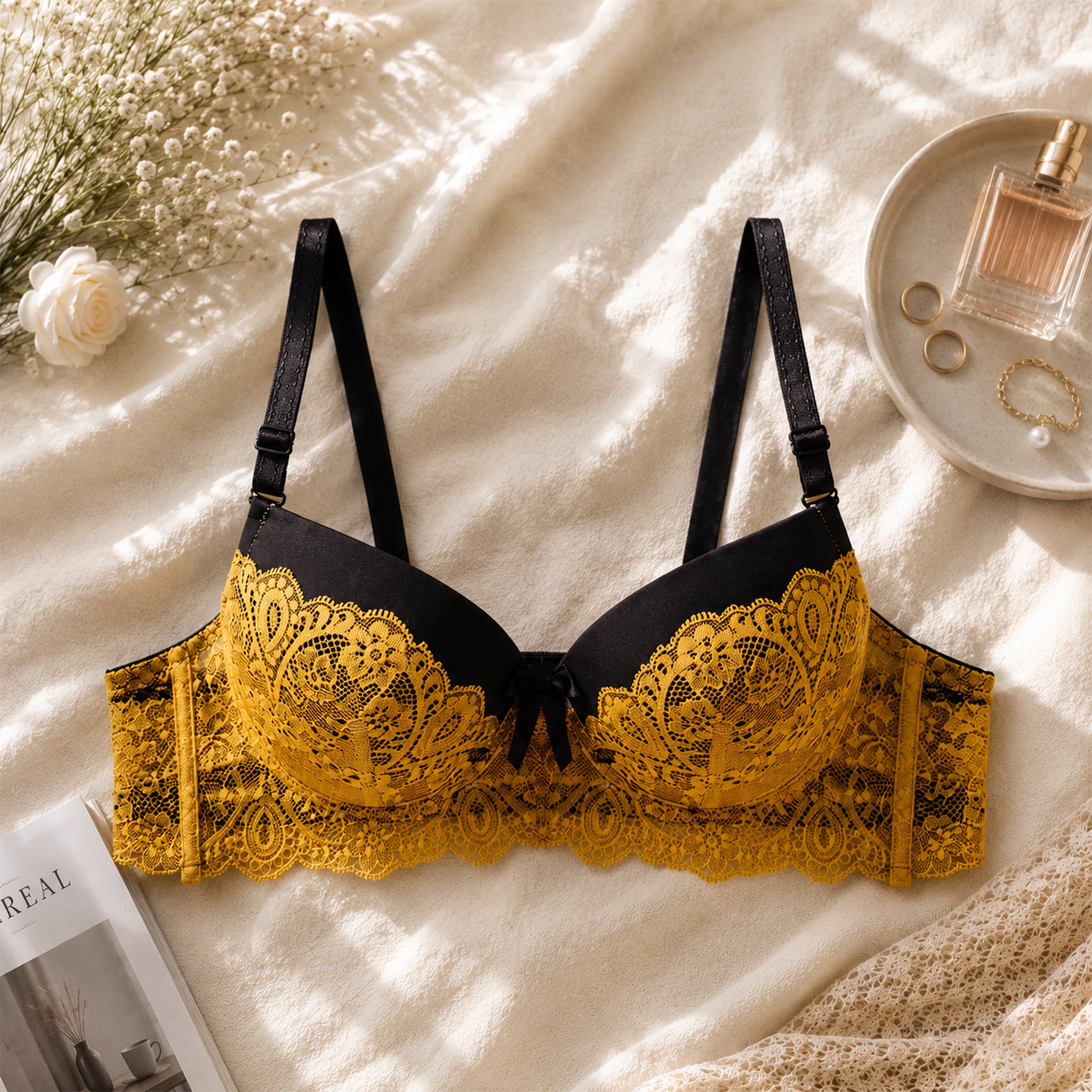 Women's Black & Yellow Floral Lace Padded Underwired Bra with Comfortable Full Coverage