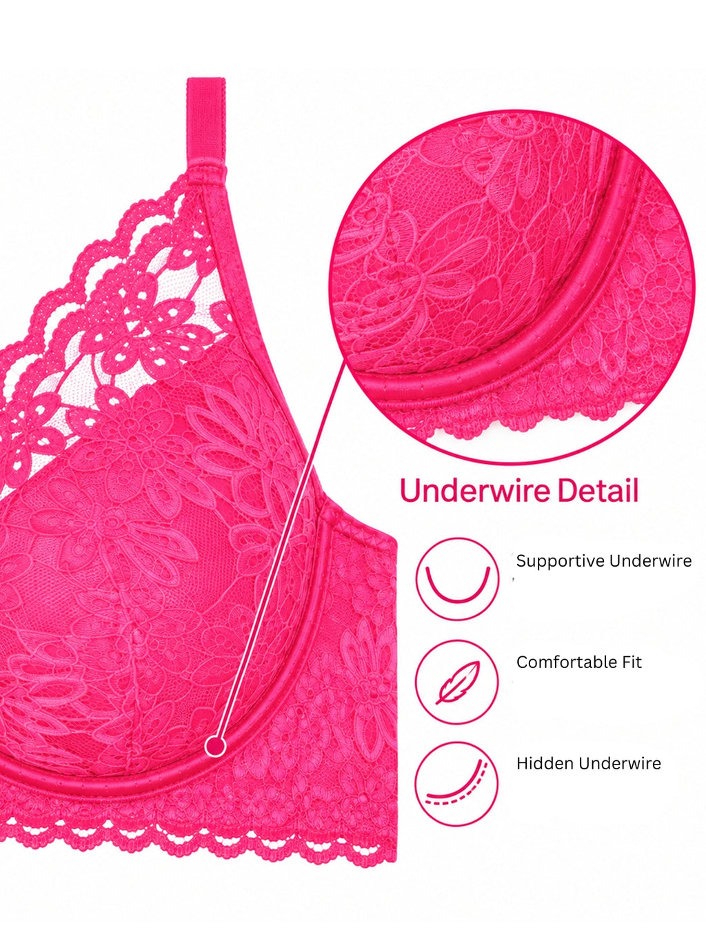 Secret Lives Women’s Neon Pink Floral Lace Heavily Padded Underwired Lingerie Set