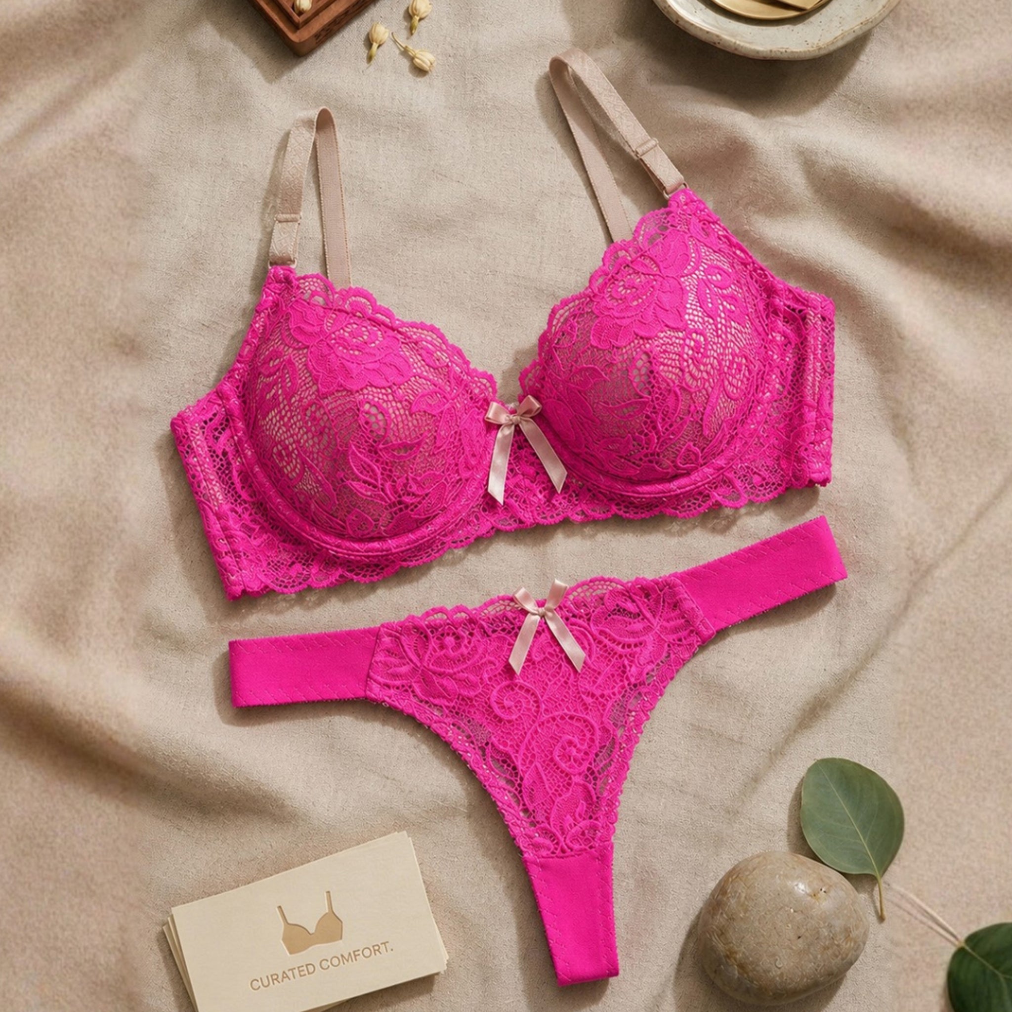Women's Floral Lace Heavy Padded Underwired Bra & Thong Lingerie Set - Dark Pink