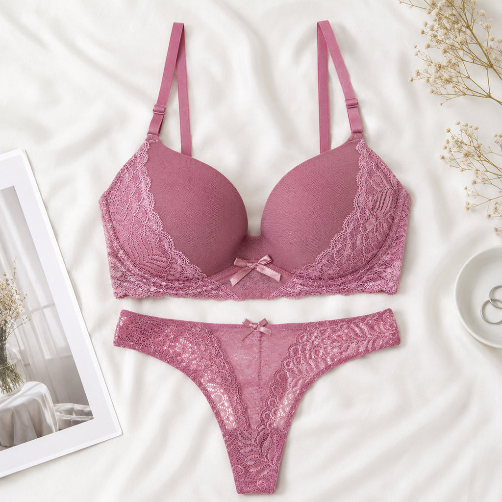 Women's Pink Self-Design Lace Underwired Heavily Padded Lingerie Set