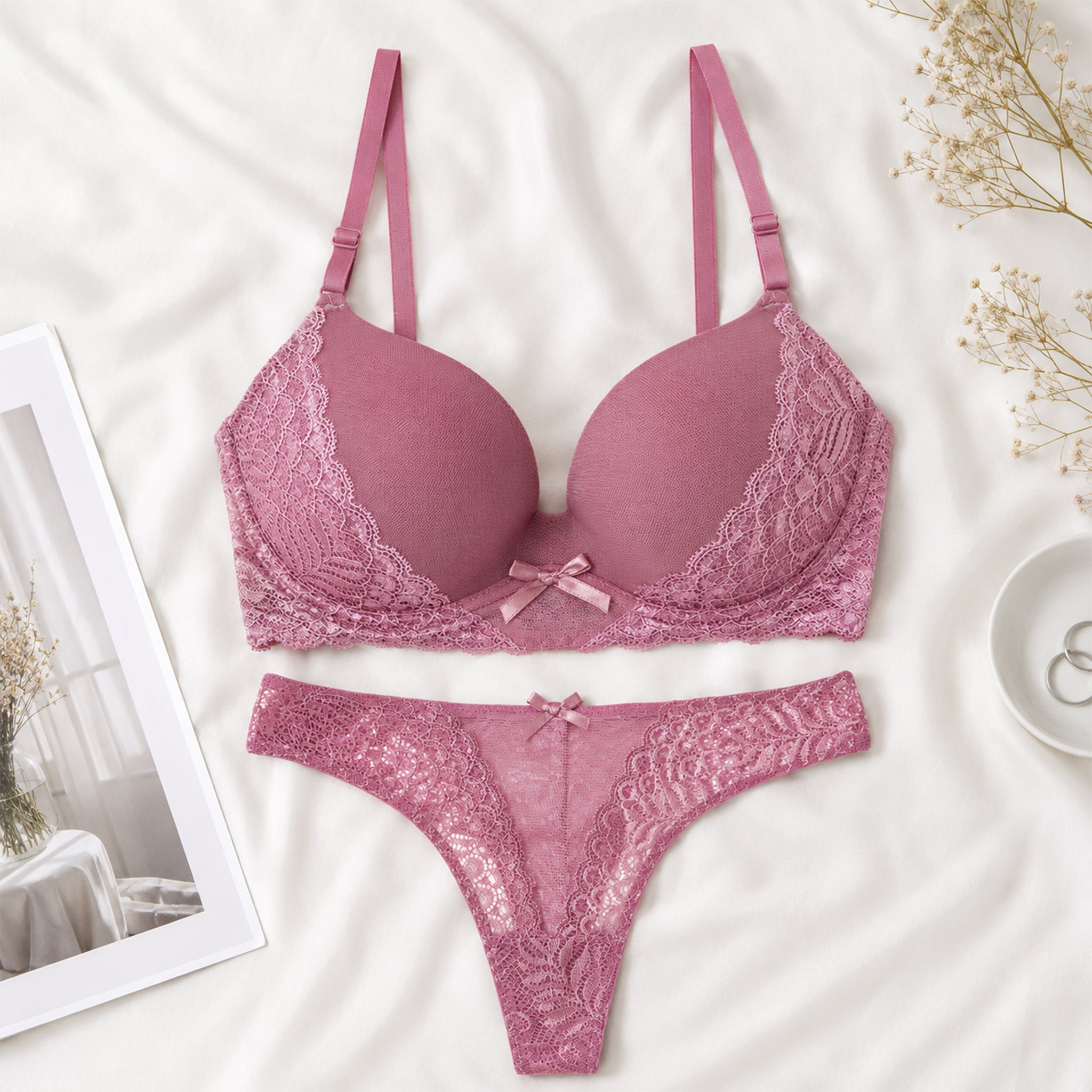 Women's Pink Self-Design Lace Underwired Heavily Padded Lingerie Set