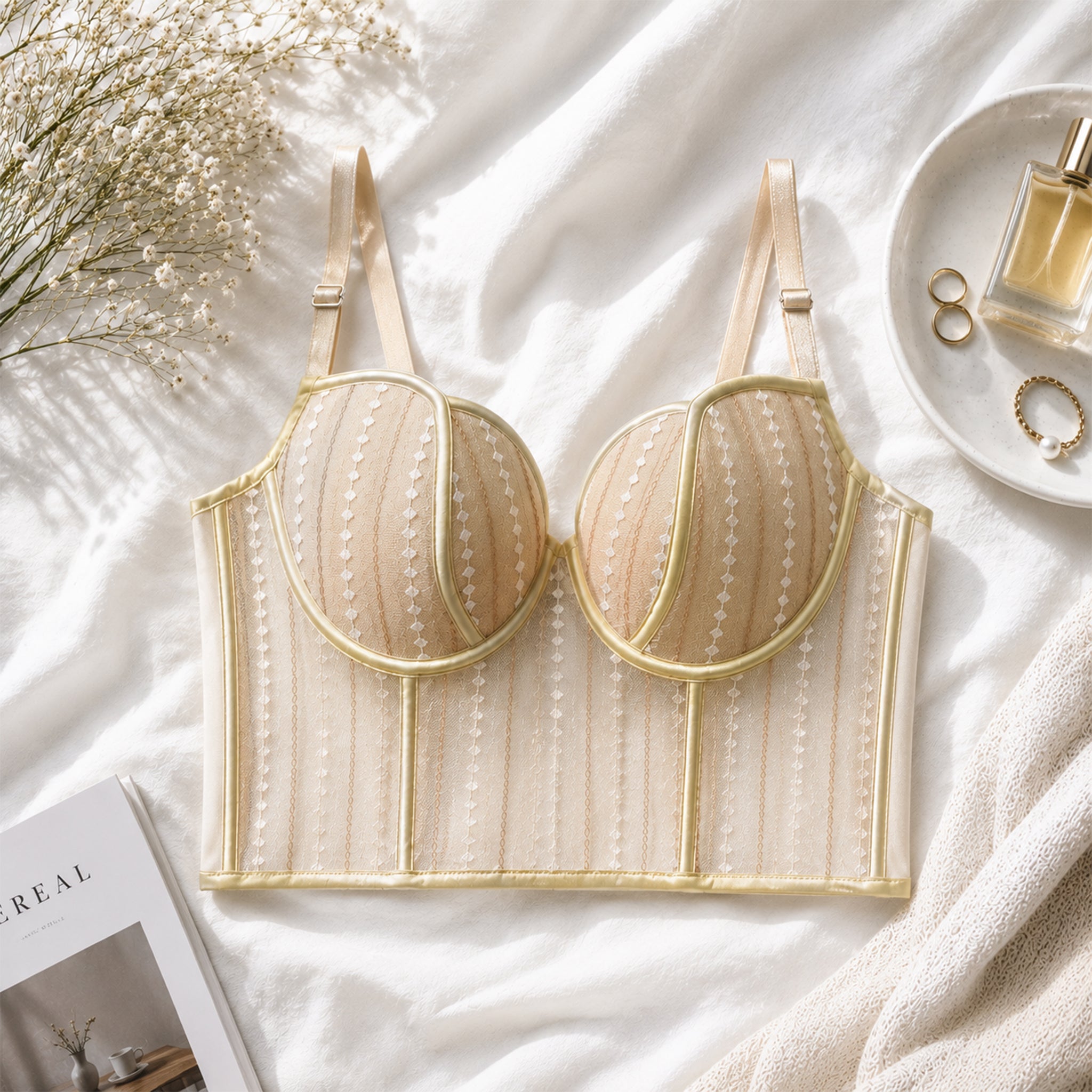Women's Fashion Skin Sheer Mesh Underwired Bustier Bralette with Elegant Lace Design