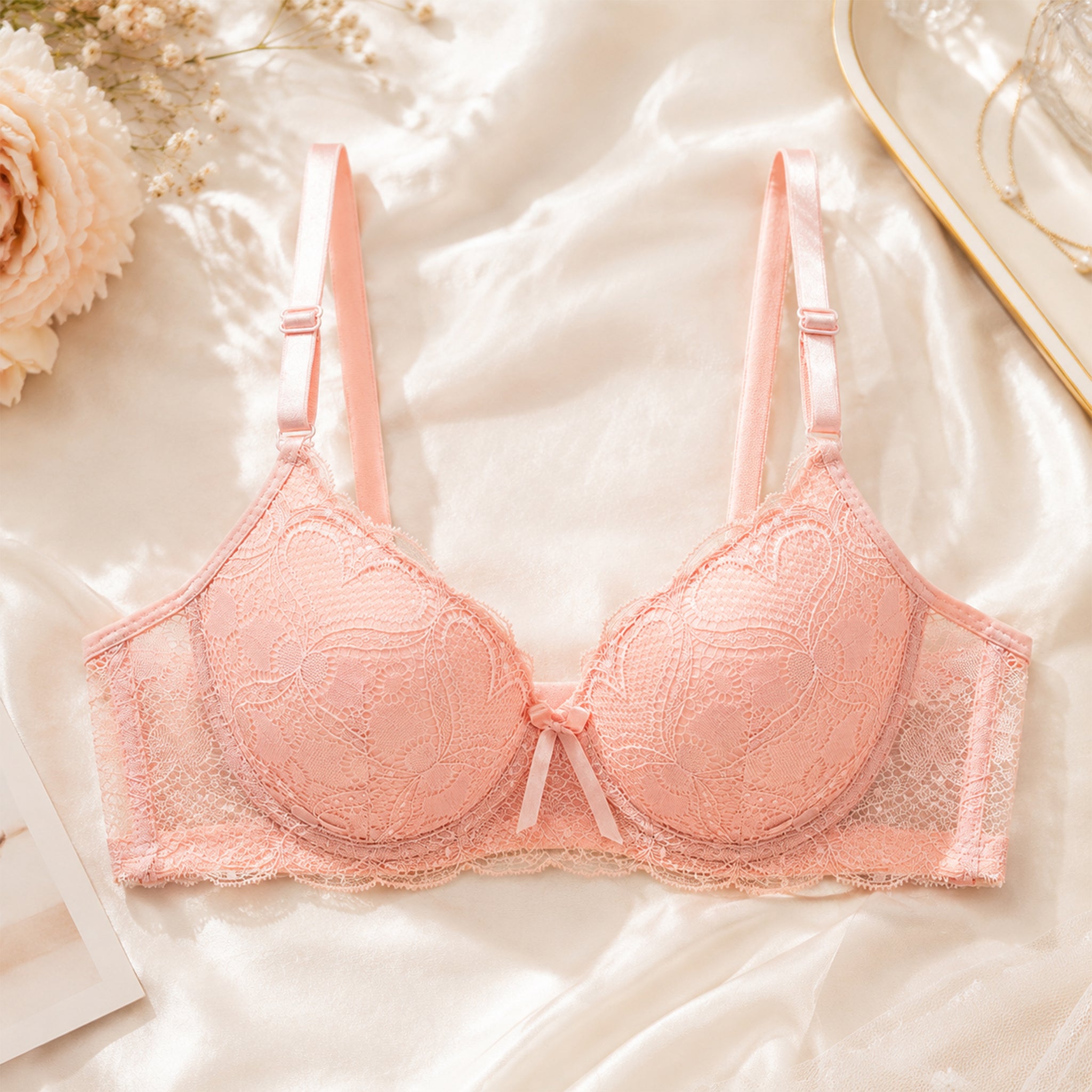 Women's Floral Lace Padded Underwired Bra with Comfortable Full Coverage - Blush Pink