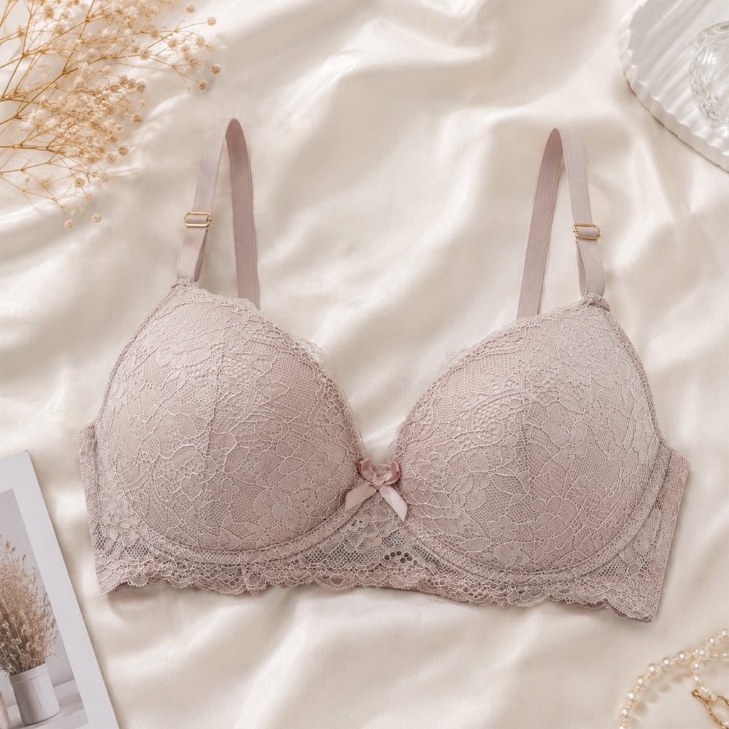 Women's Premium Cream Self-Design Floral Lace Underwired Heavily Padded Medium Coverage Bra with Adjustable Straps