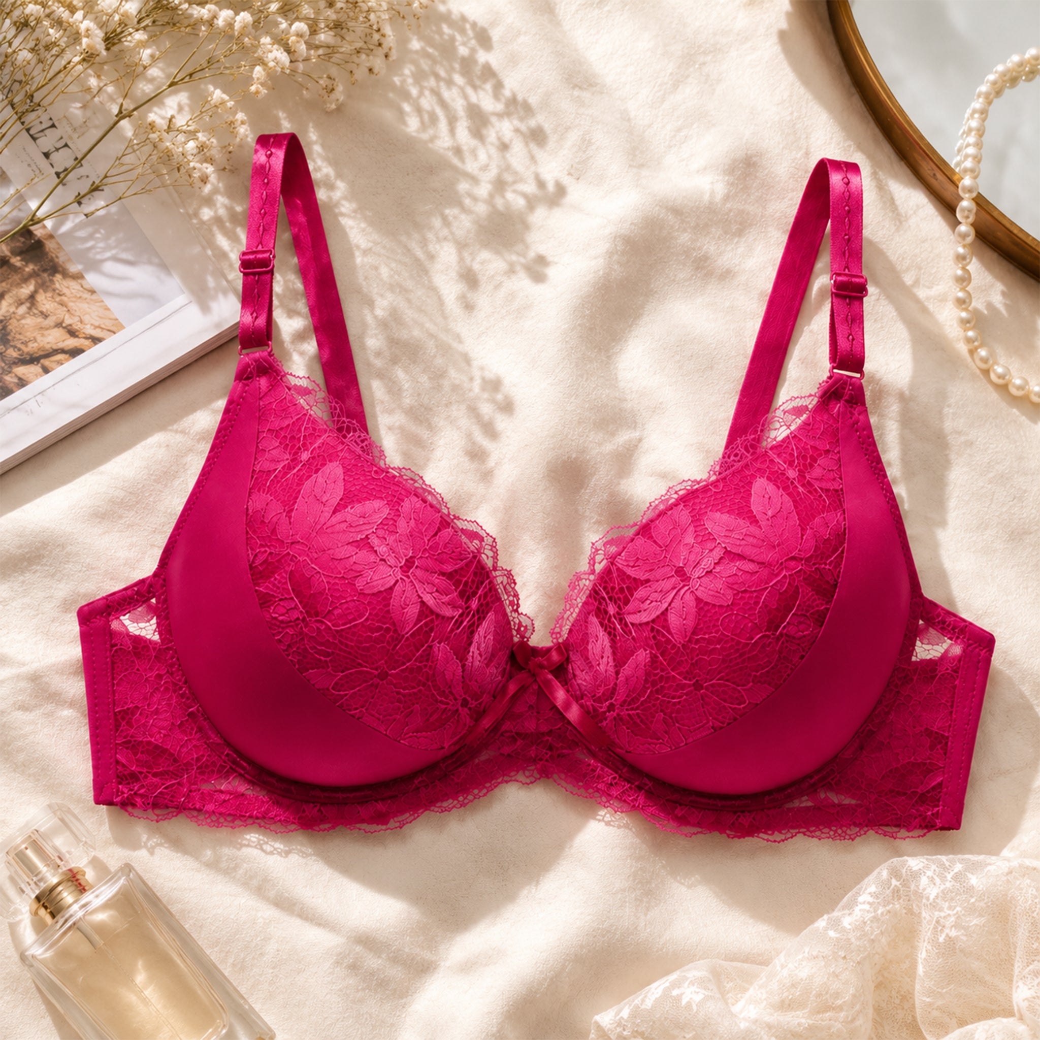 Women's Floral Lace Padded Underwired Bra with Comfortable Full Coverage - Red