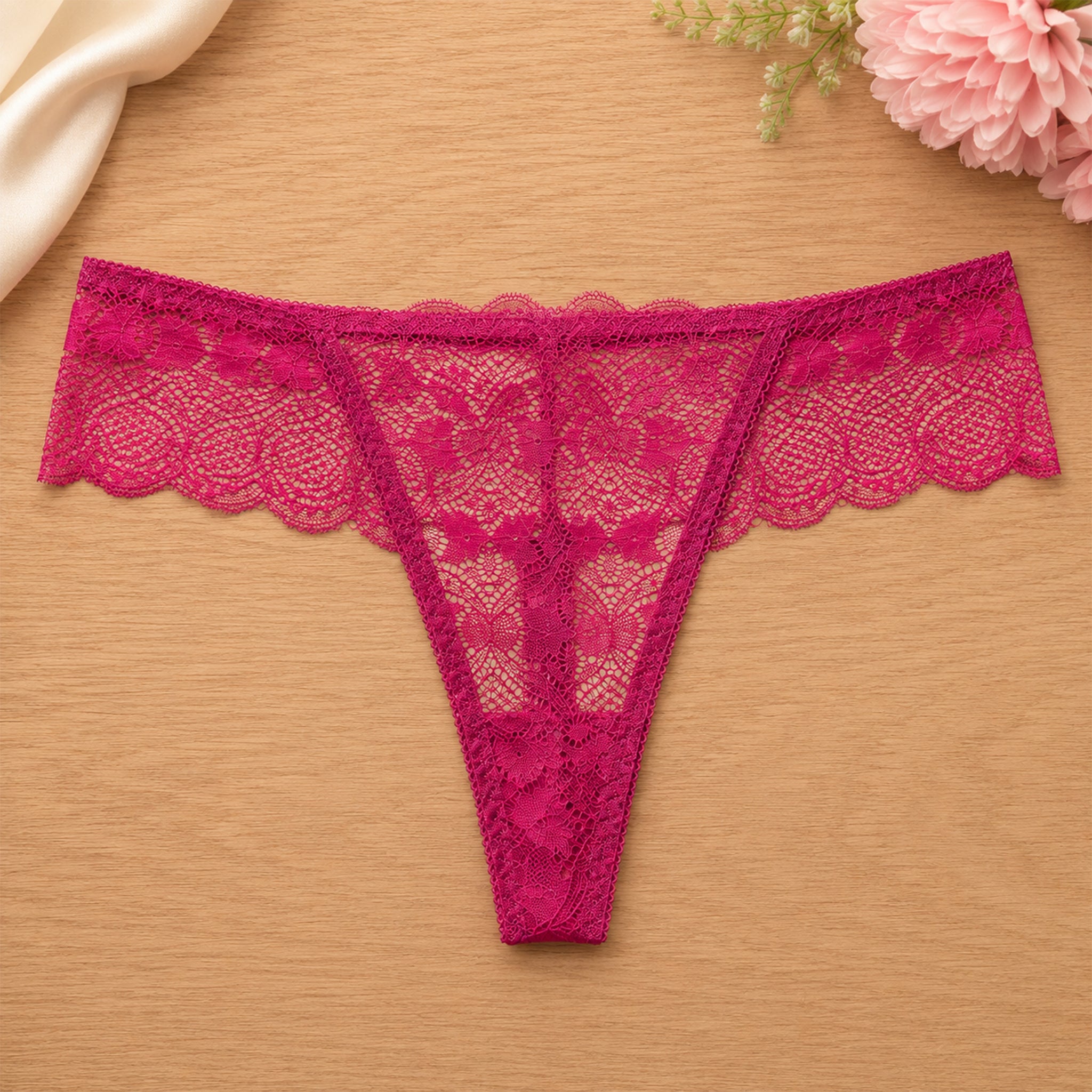 Women's Floral Lace Thong Panty – Soft Stretch, Breathable & Comfortable Everyday Wear - Maroon