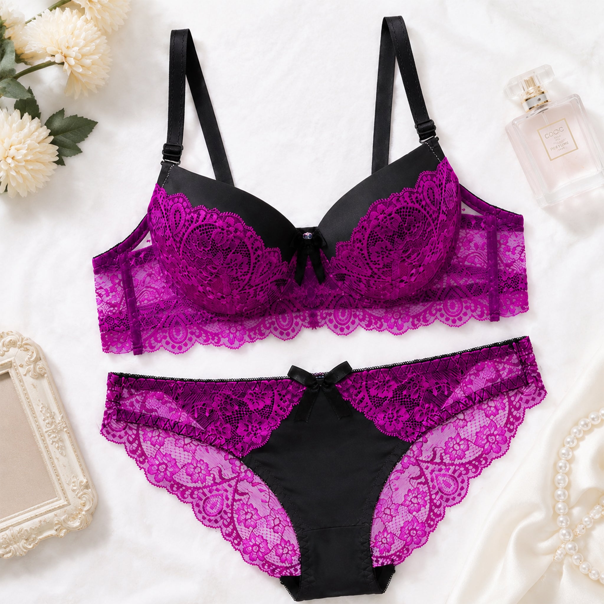 Women's Black & Purple Lace Lightly Padded Underwired Bra & Panty Lingerie Set