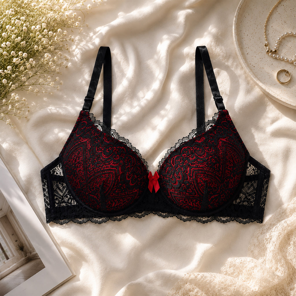 Women's Black & Berry Floral Lace Padded Underwired Bra with Comfortable Full Coverage
